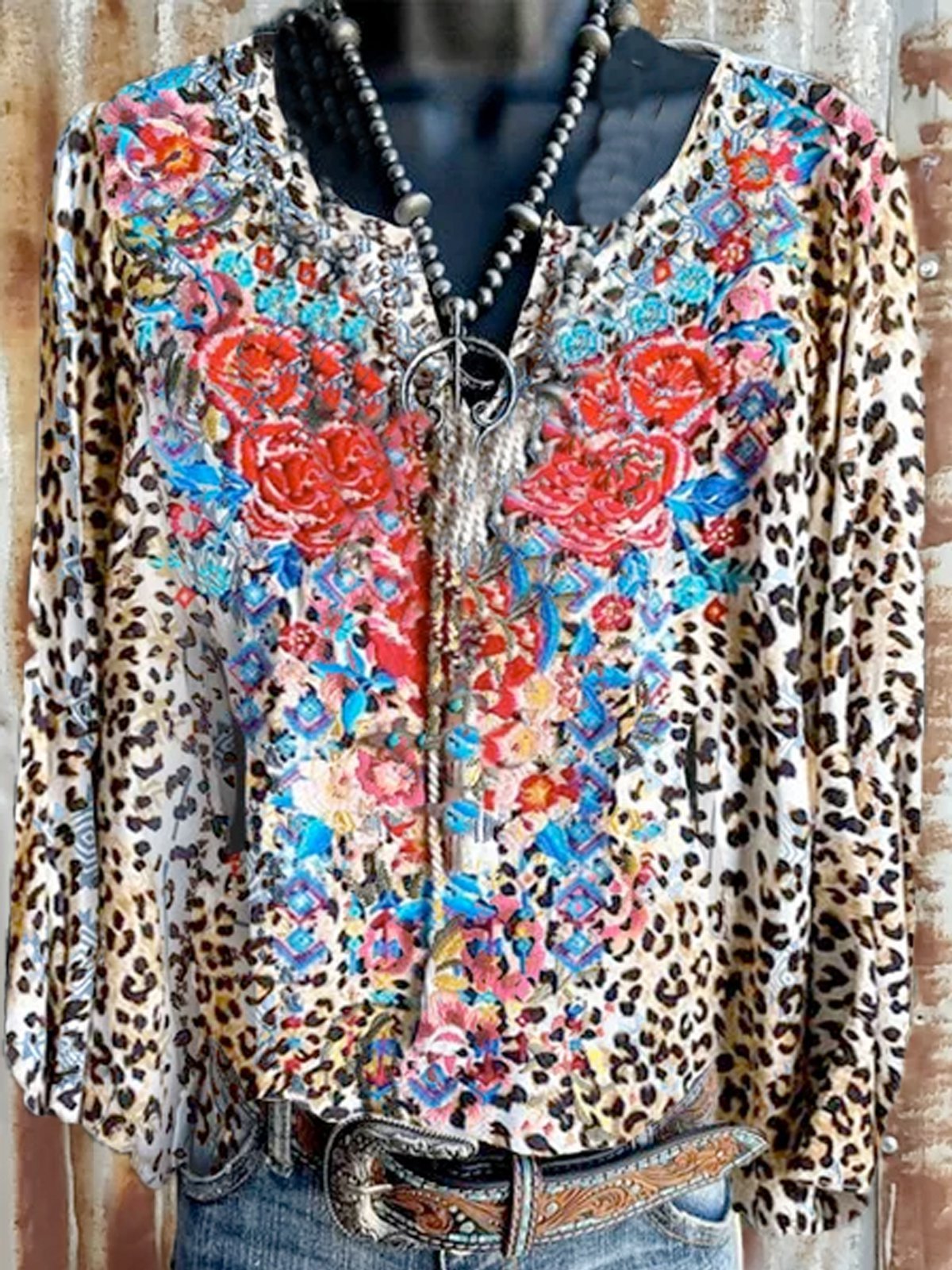 Long Sleeve Leopard Casual Flower Shirts & Tops