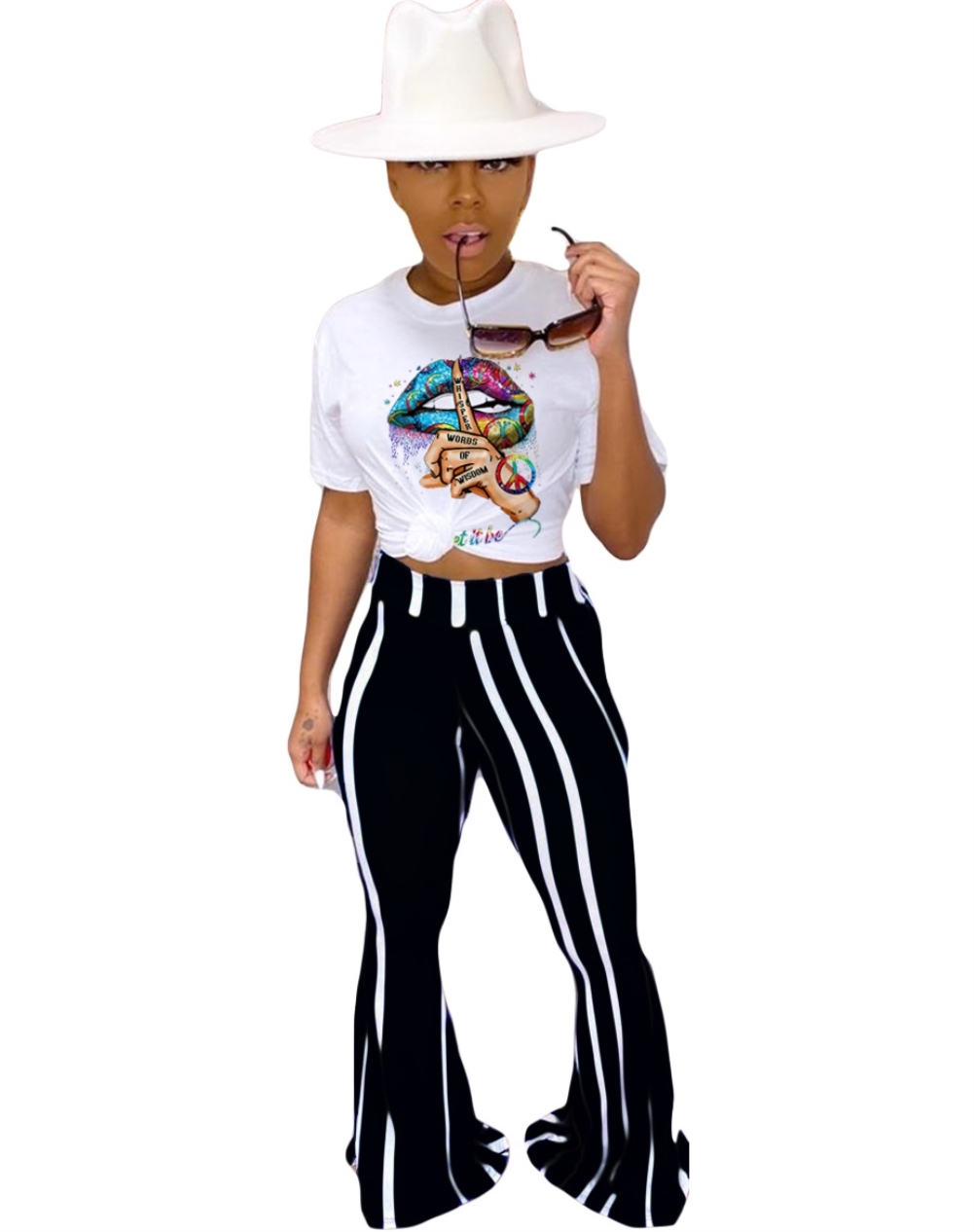 Summer Print Shirt and High Waist Flare Trousers