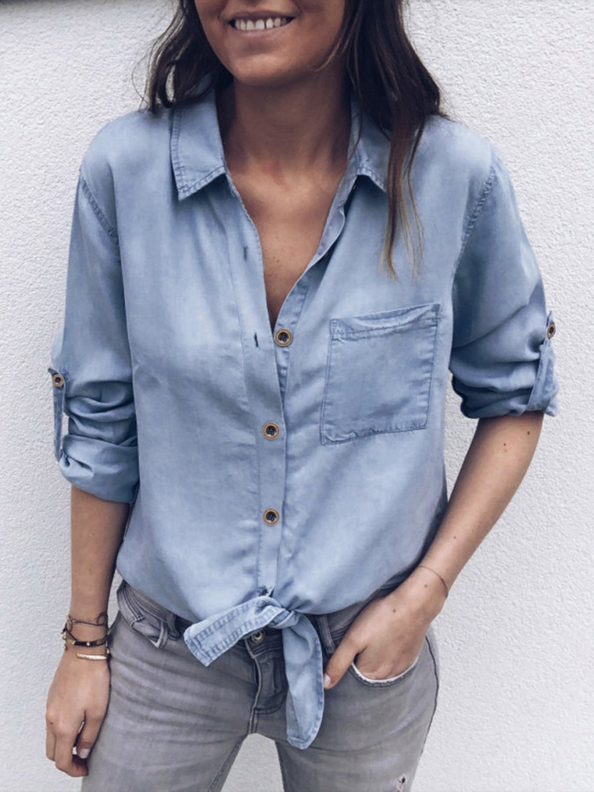 Plain Pockets Casual Blouses & Shirt