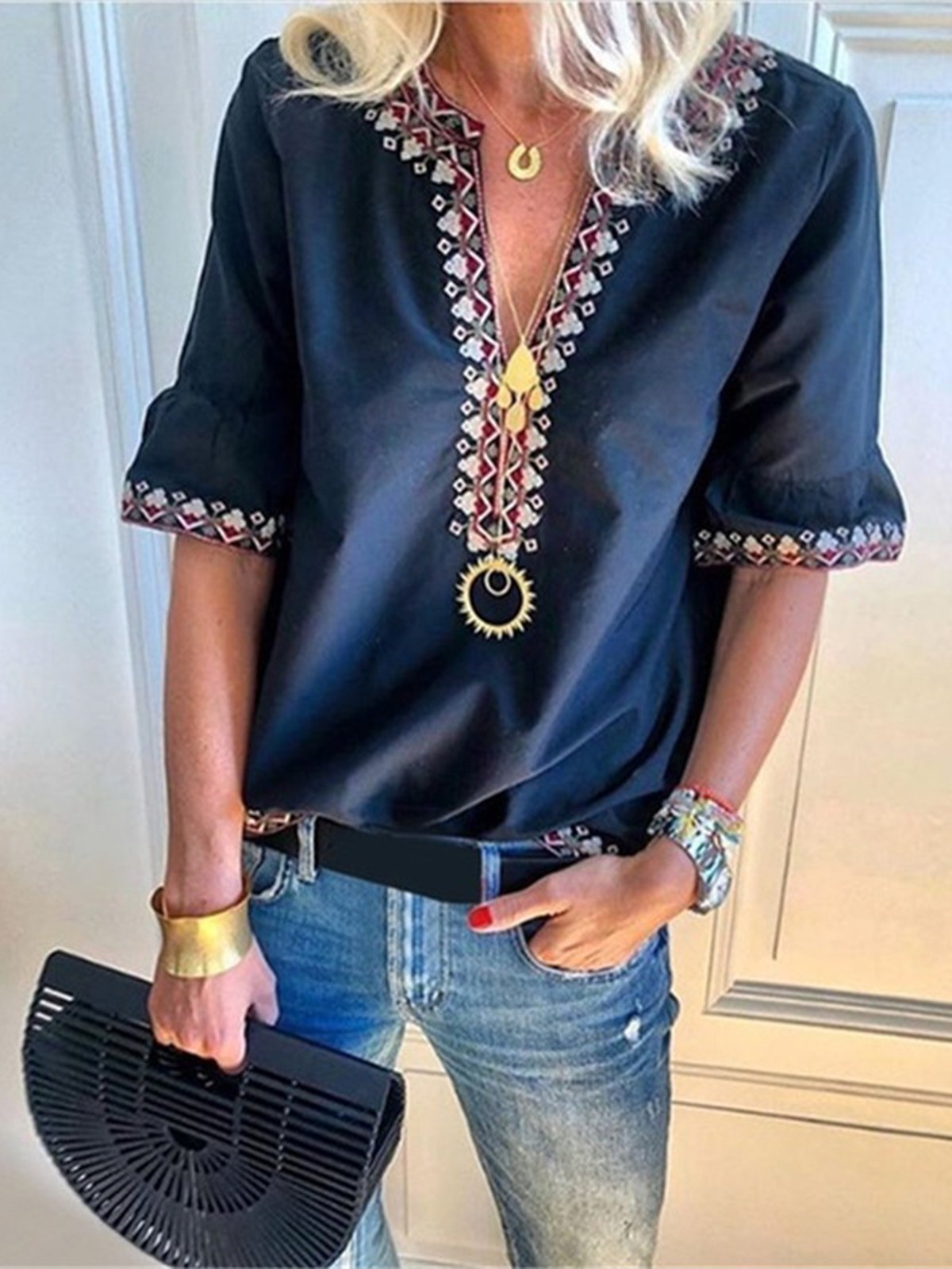 Casual Frill Sleeve Printed V Neck Large Size Blouse