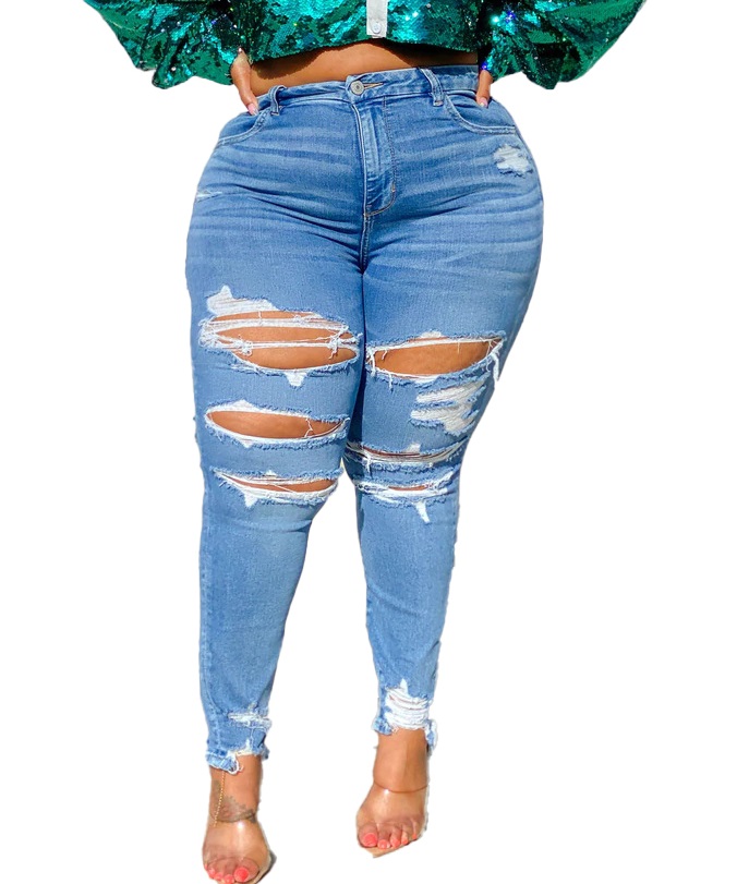 Plus Size Blue High Waist Ripped Damaged Jeans