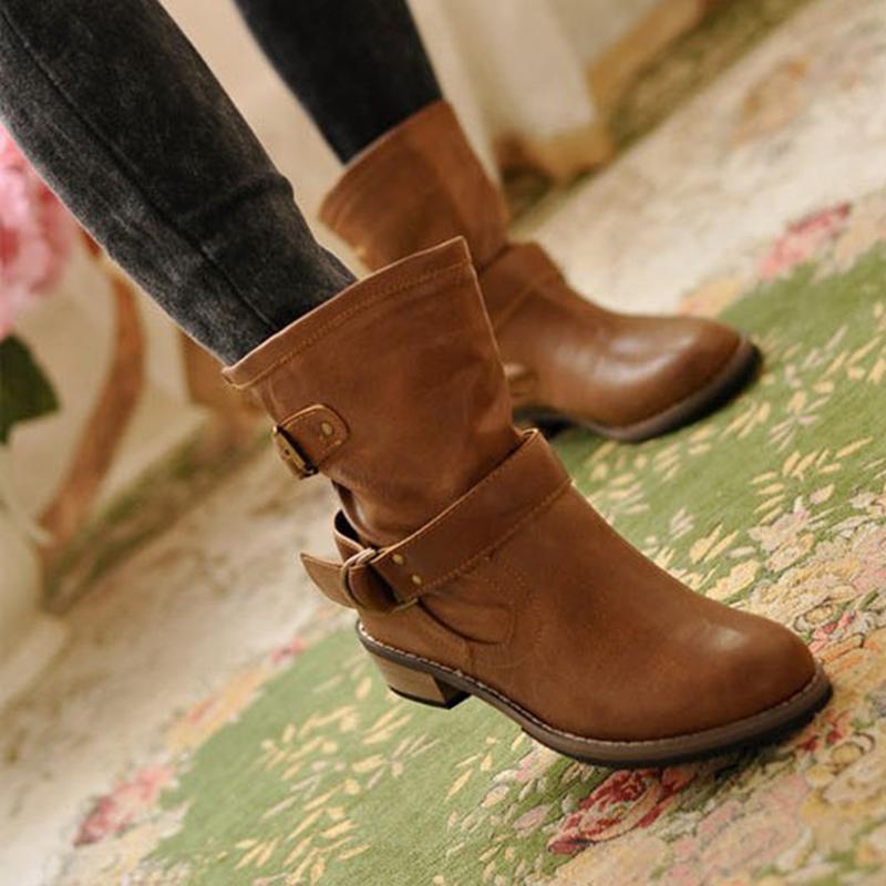 Buckle Strap Boots Women Mid-Calf Shoes