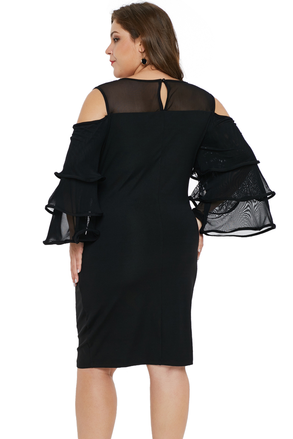 Black Cold Shoulder Cascading Sleeve Plus Size Dress