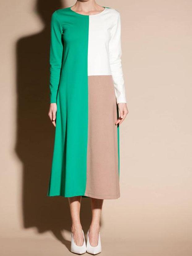 Casual Round Neck Long Sleeve Patchwork Dresses