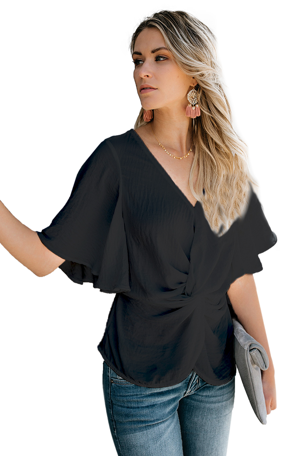 Black V-Neck Bell Sleeve Twist Pleated Blouse