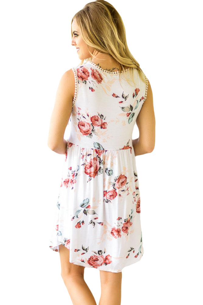 White Lace Trim Floral Boho Dress