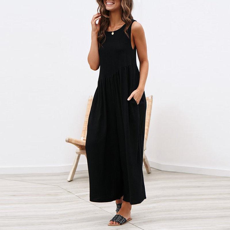 Casual Round Collar Plain Loose Sleeveless Jumpsuit