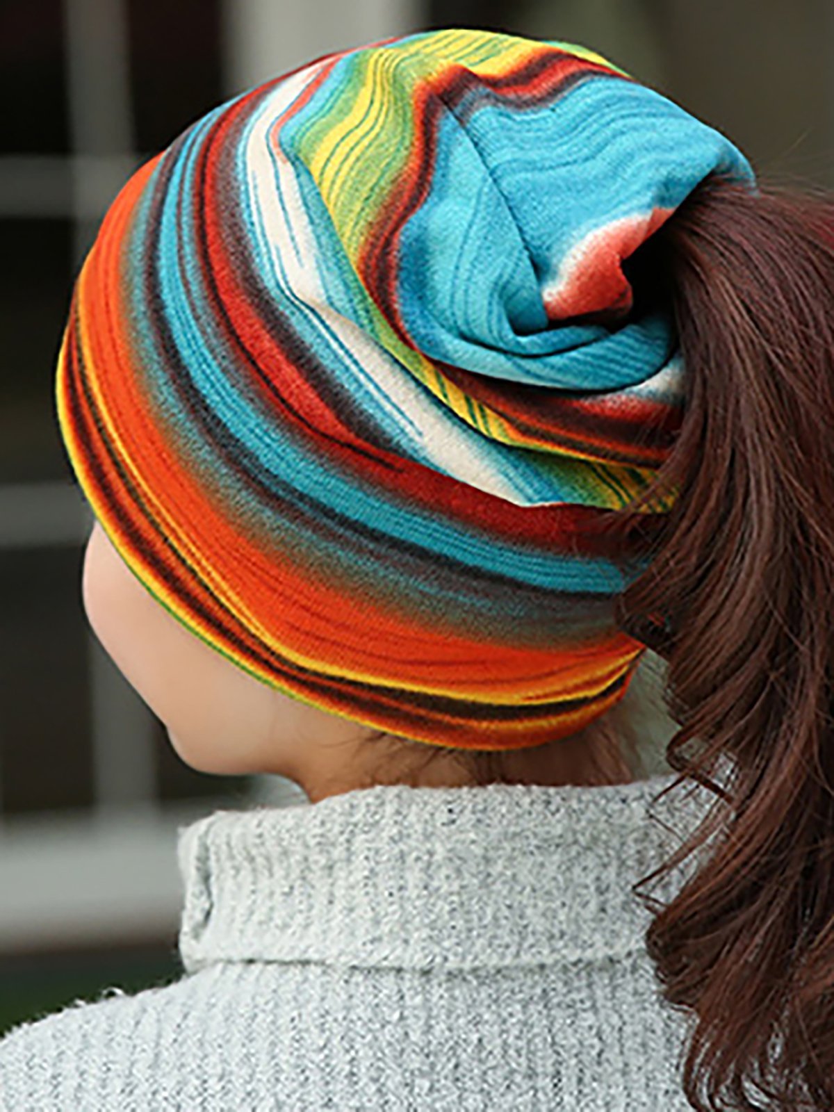 Womens Cashmere Colorful Stripe Casual Outdoor Windproof Caps Collars Scarfs