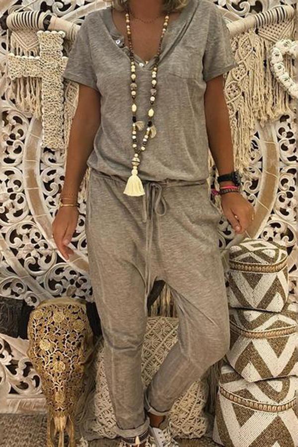 Casual Sport Pure Colour Short Sleeve Jumpsuits