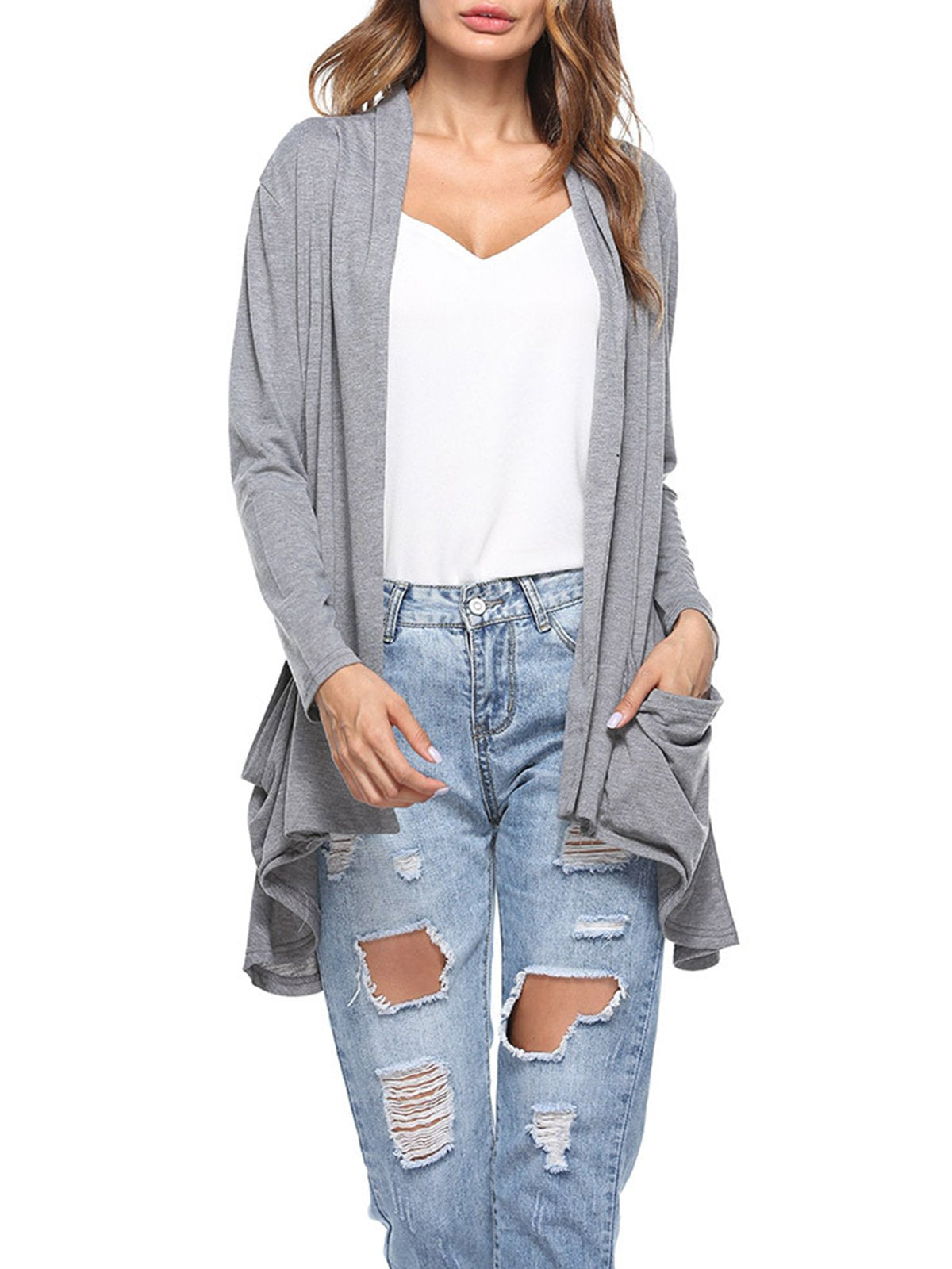 Casual Solid Pockets Cotton Cardigan