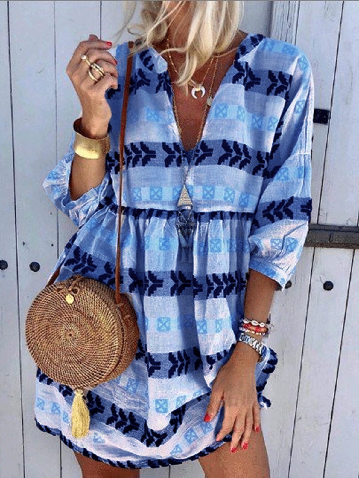 White Cotton-Blend Casual V Neck Stripes Dresses