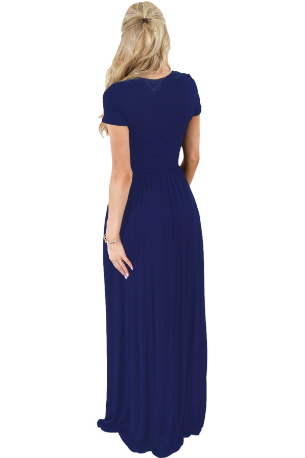 Navy Blue Short Sleeve Ruched Waist Maxi Dress