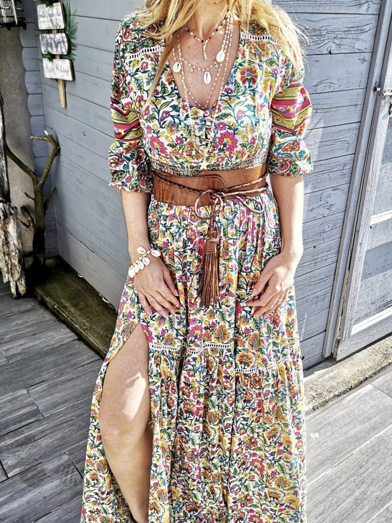 Cotton-Blend V Neck Floral Casual Dresses