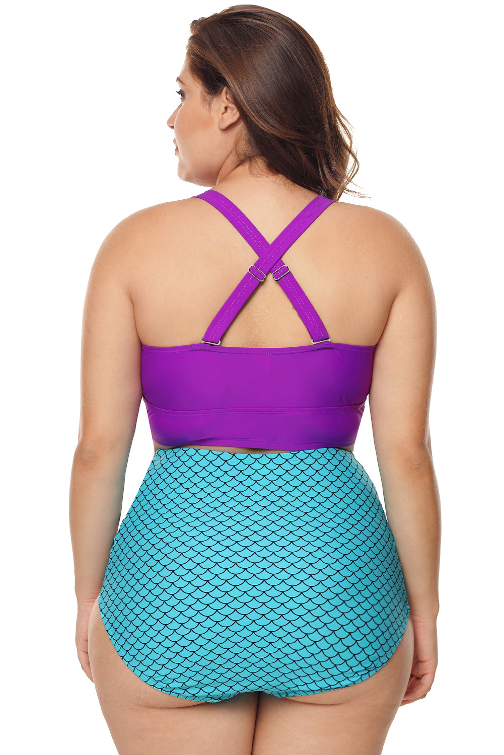 Plus Size Purple & Blue Scalloped Detail High Waist Swimsuit