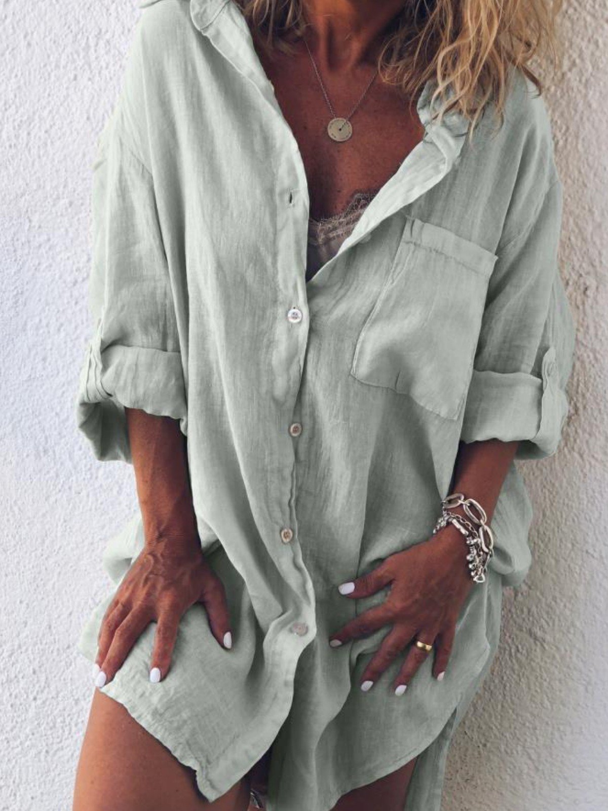 Plus Size Casual V Neck Long Sleeve Solid Dresses