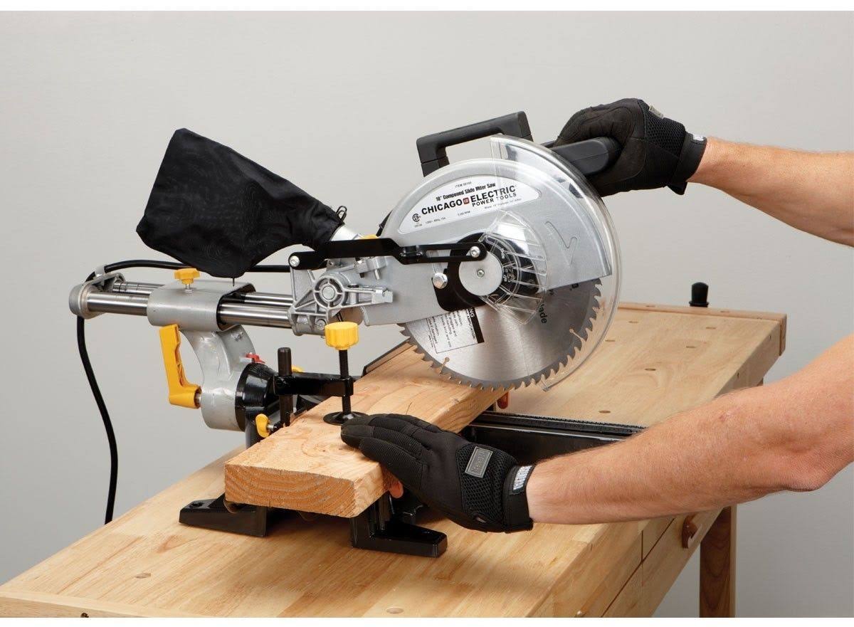 Chicago Pneumatic 10 inch Sliding Compound Miter Saw with 45 Degree Bevel and Dust Bag, Extension Bars and Table Clamp