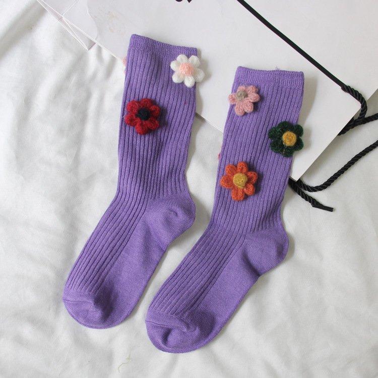 Three-dimensional flower cotton women's vertical tube socks