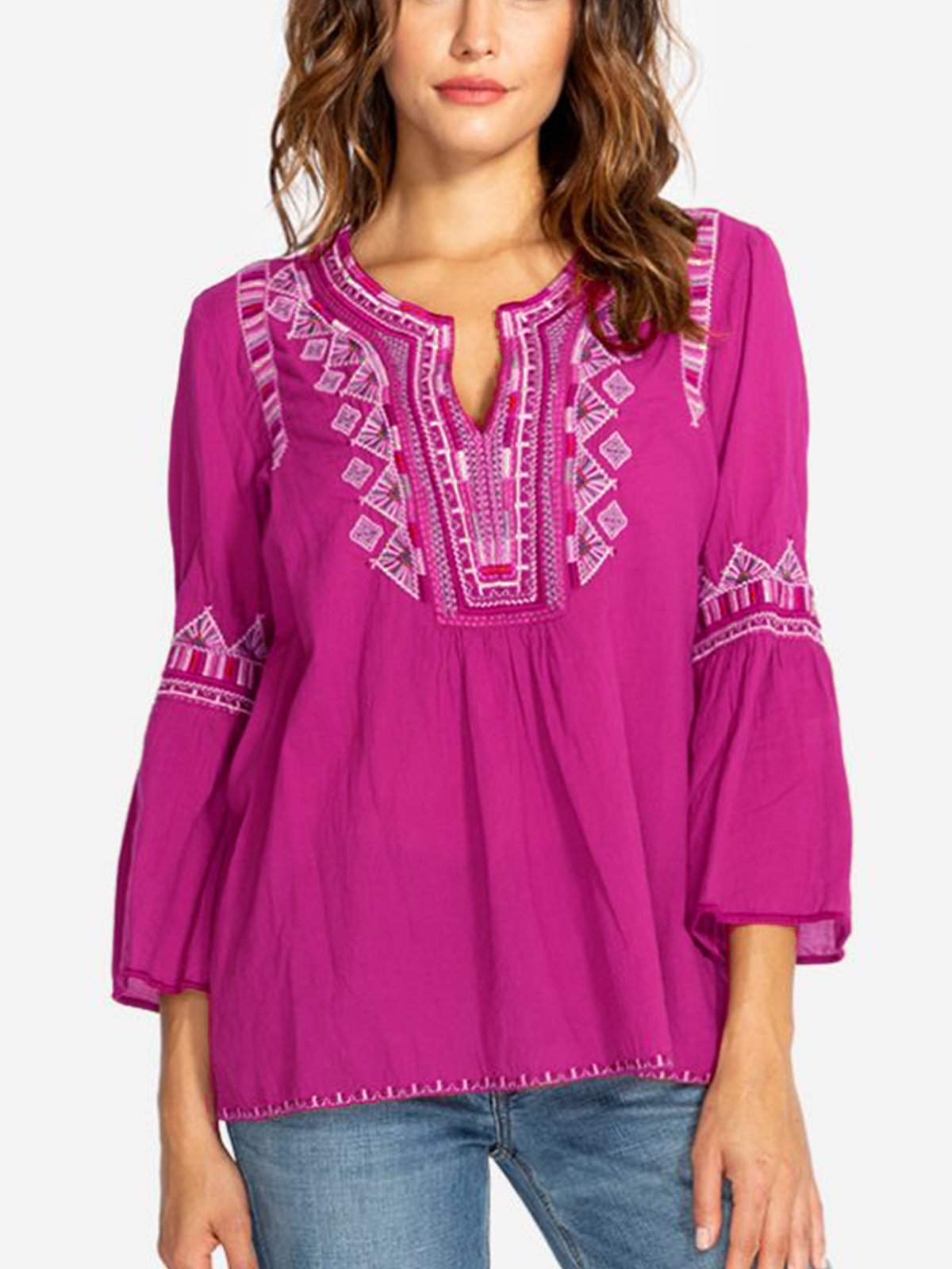 V Neck Elegant Half Sleeve Cotton-Blend Shirts & Tops