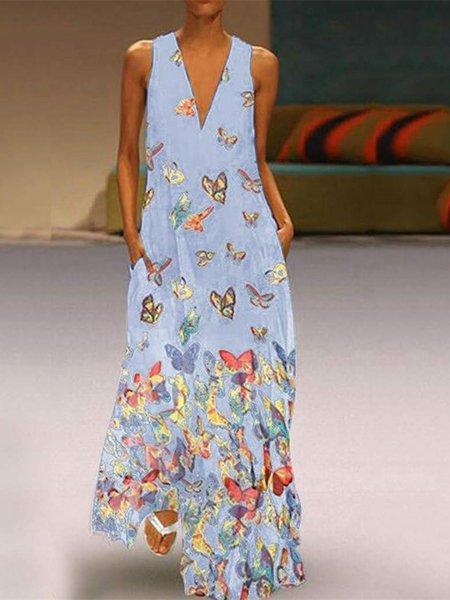 Butterfly Printed Maxi Dresses V Neck White Women Dresses Shift Daily