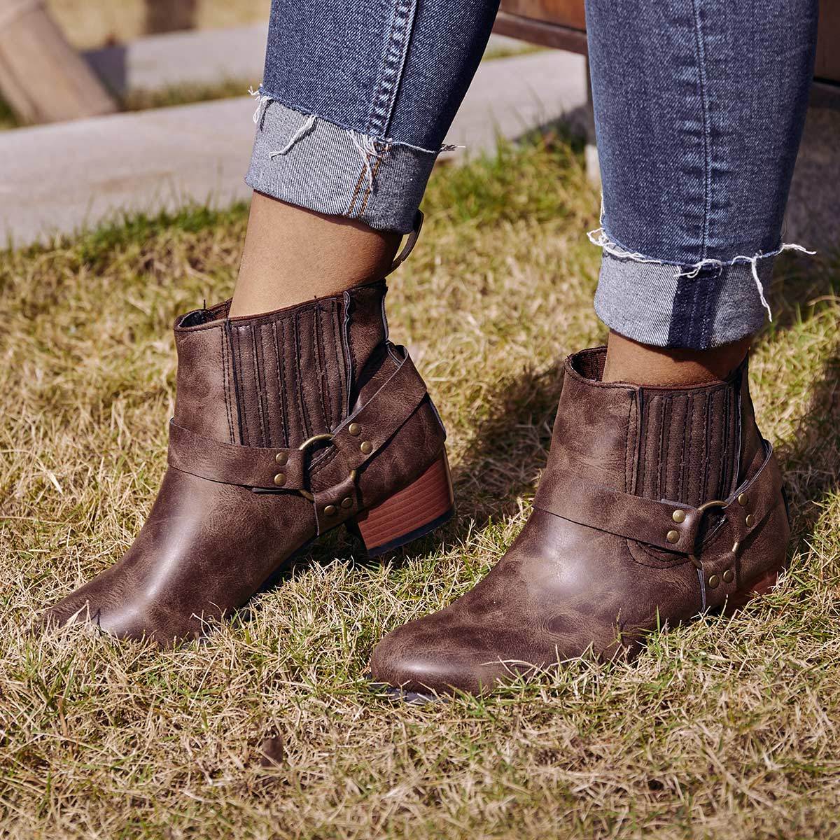 Vintage Slip On Motorcycle Boots Low Heel Buckle Casual Booties