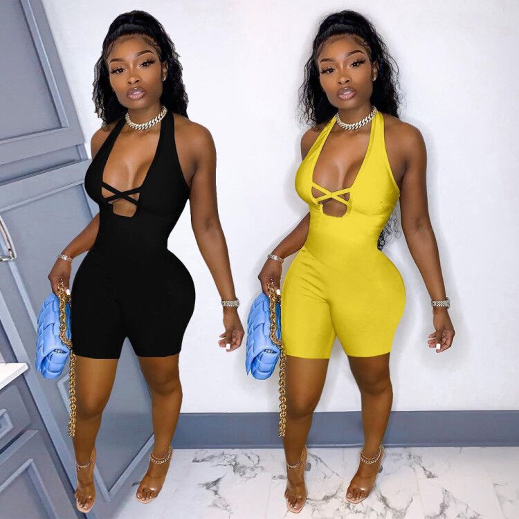 Summer sleeveless deep V-neck sexy solid color jumpsuit AFY722