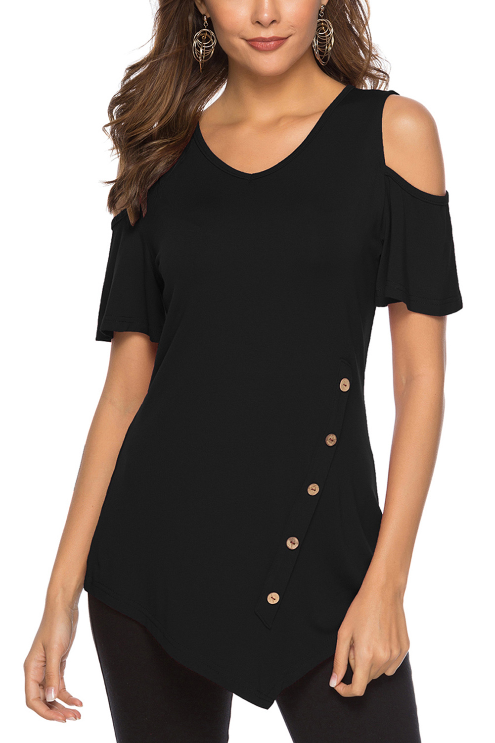 Black Irregular Round Neck Cold Shoulder Blouse