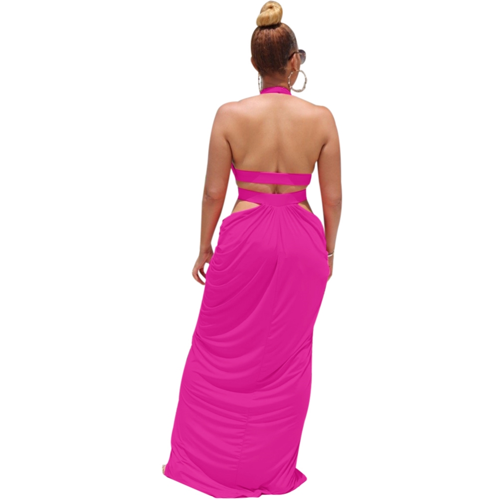 Sexy Low Back Cut Out Halter Plain Maxi Dress