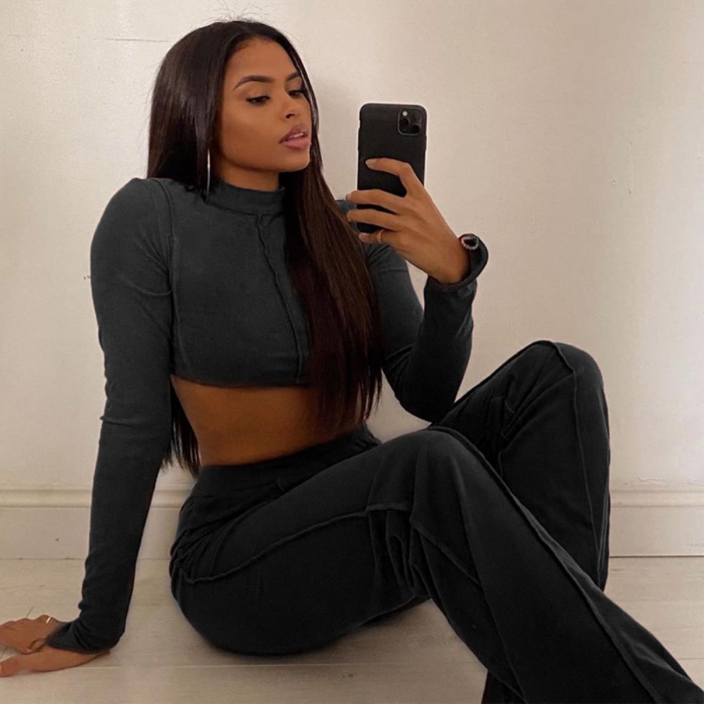 Solid Color Lace-Up Back Crop Top and High Waist Pants Set