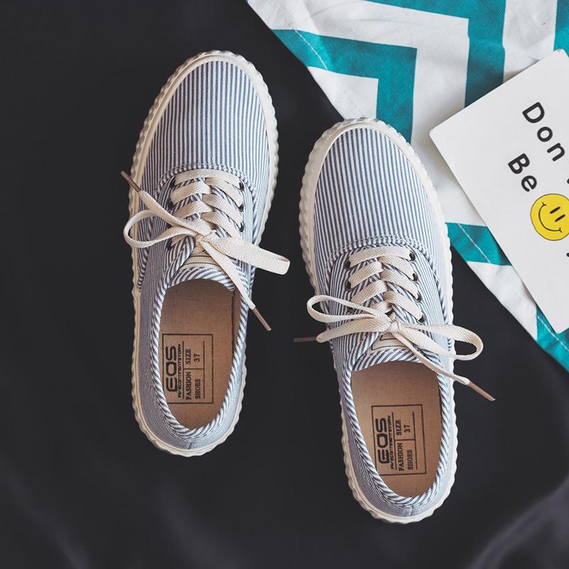 Black Stripe Canvas Lace-up Spring/Fall Daily Flats