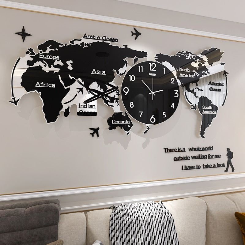 Creative World Map Large Wall Clock Home Decor Living Room Silent / FZ592