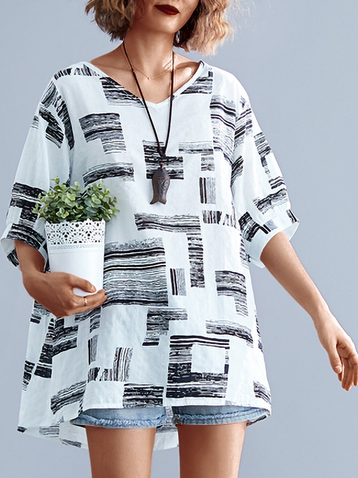 Plus Size Women Short Sleeve V Neck Vintage Floral Casual Tops