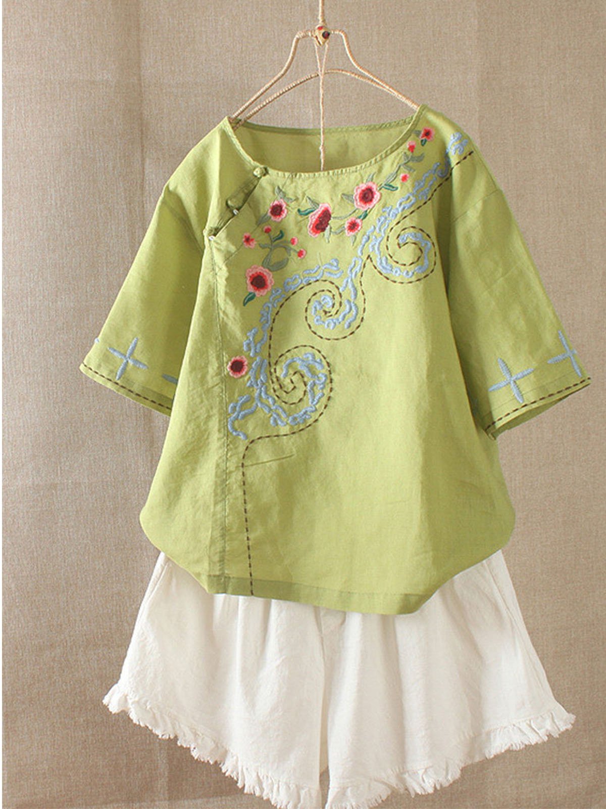 Round Neck Short Sleeve Embroidered Cotton-Blend Shirts & Tops