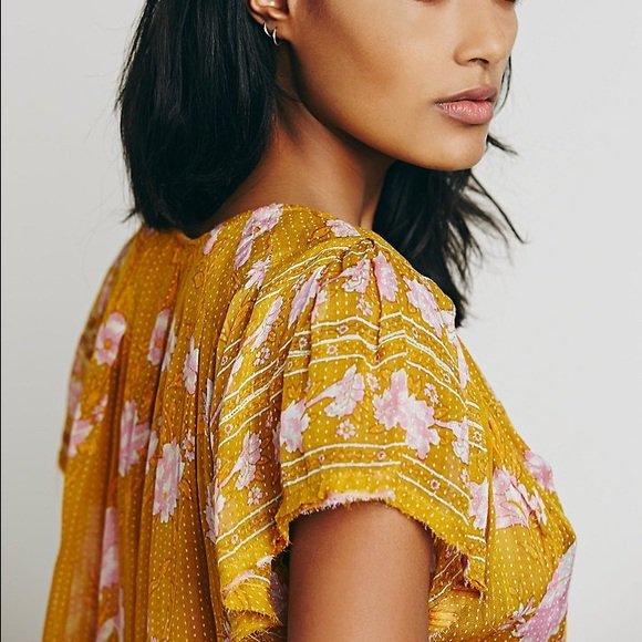 Yellow Floral Faux Leather Short Sleeve Casual Shirts & Tops