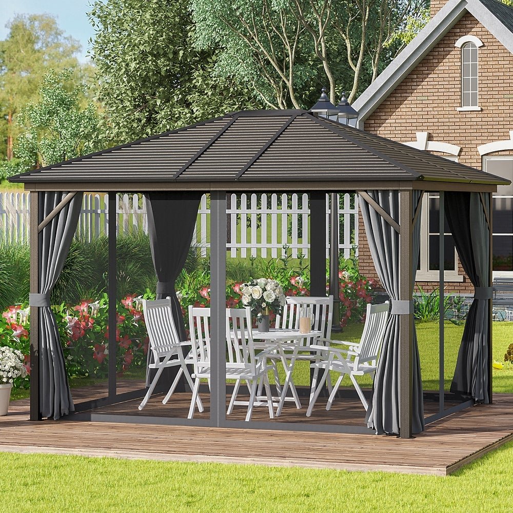 Outsunny 12' x 10' Outdoor Hardtop Canopy Patio Gazebo with Steel Roof, Aluminum Frame, Fully Enclosed Zippered Curtains