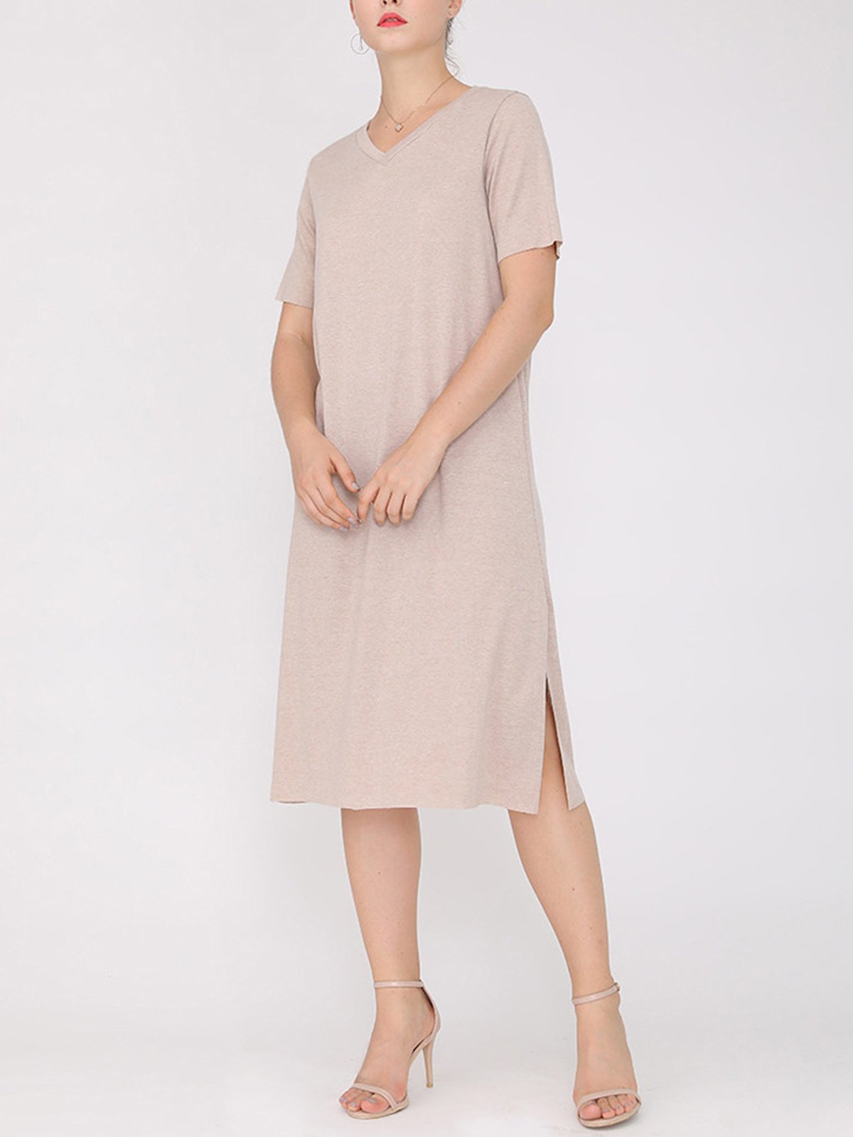 Women Plus Size Slit V Neck A-line Solid Shift Casual Midi Dress