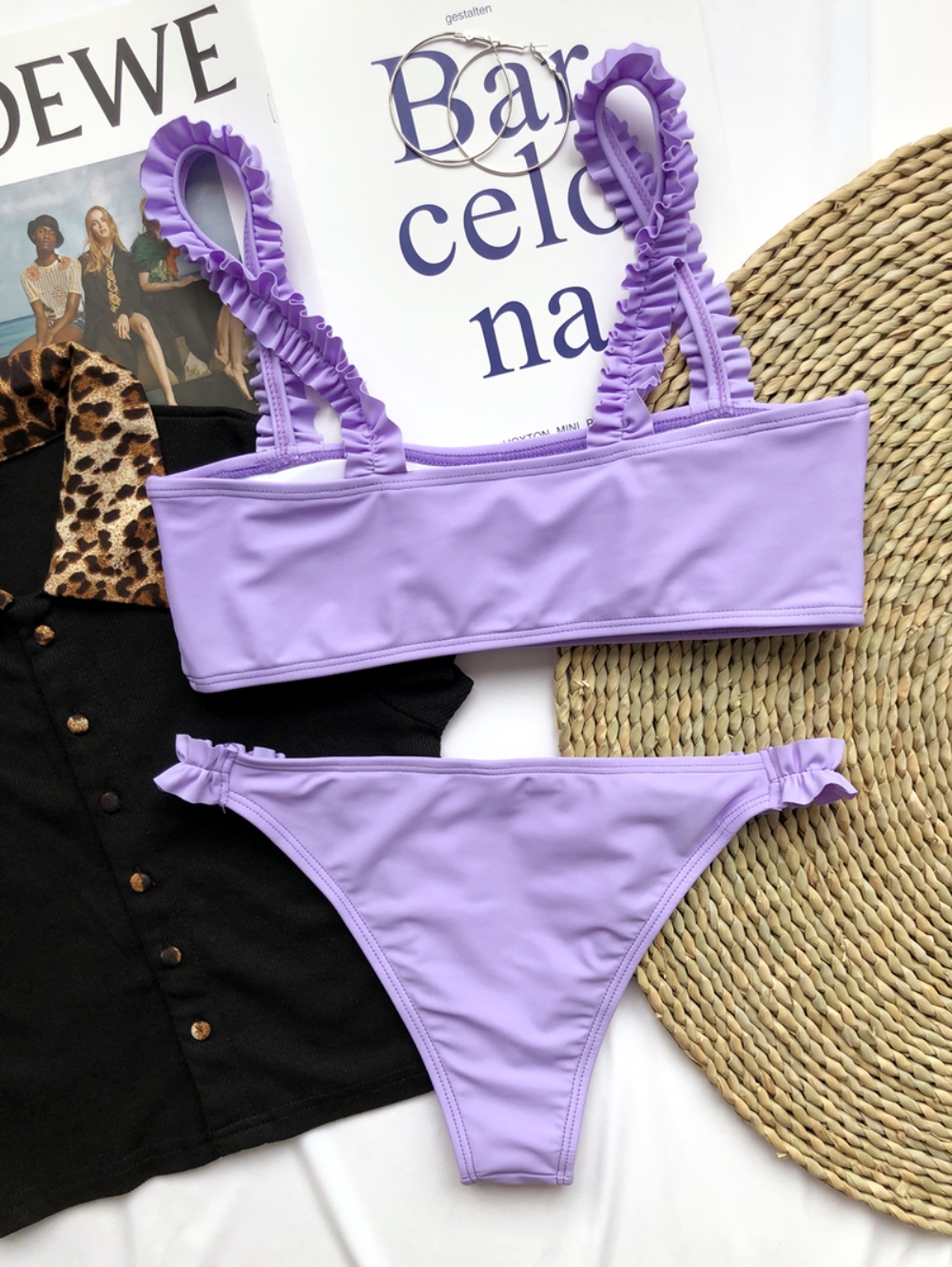 Purple Two Piece Ruffles Plain Swimwear