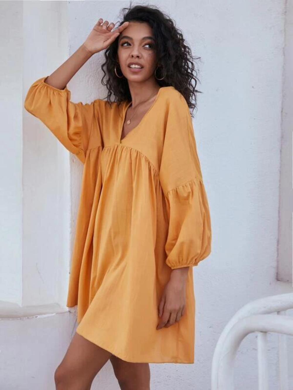 Autumn Solid Color V Neck Loose Shirt Dress