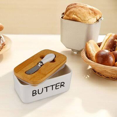 Gracie Oaks Porcelain Butter Container with Air-Tight Seal Lid and Stainless Steel Butter Knife, Covered Butter Dish Perfect to