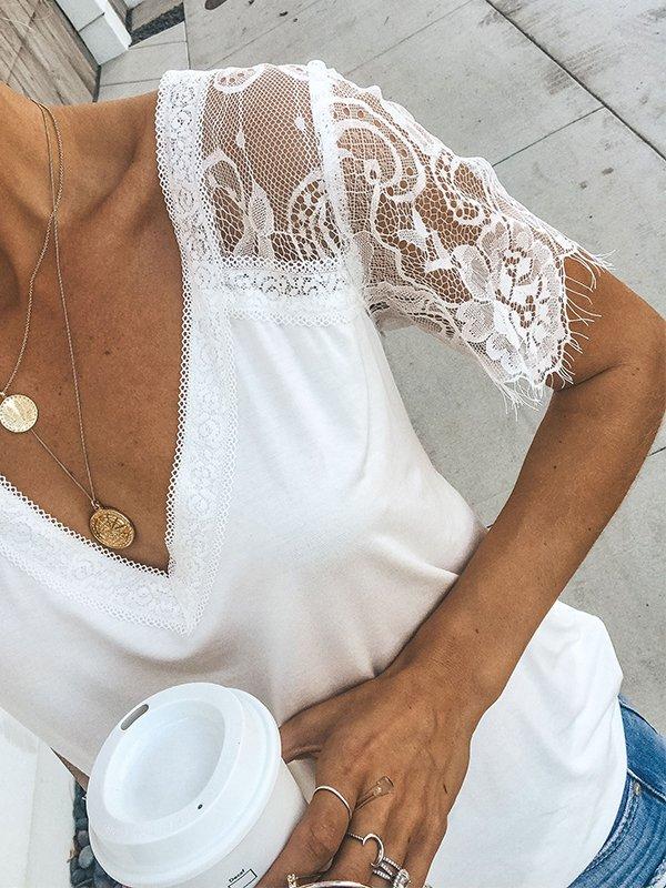 Casual V-Neck Short Sleeve Solid Plus Size Tops