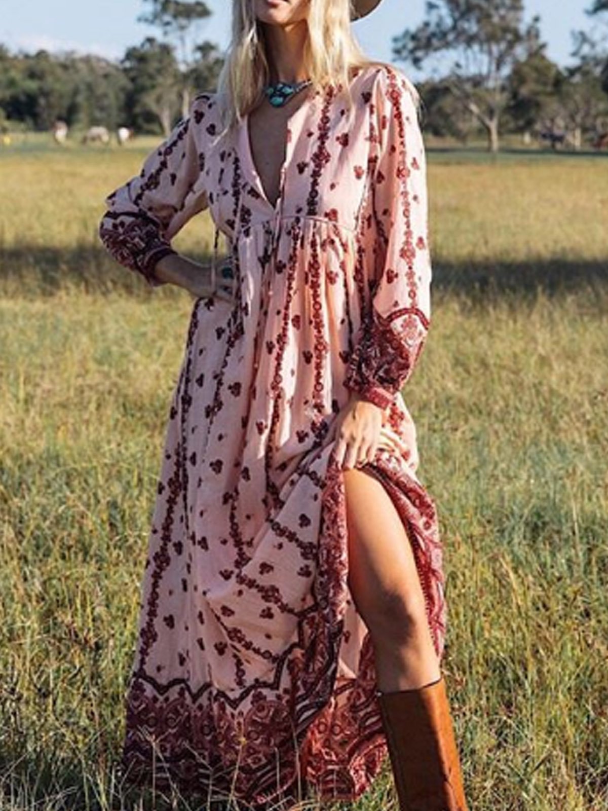 Pink Long Sleeve V Neck Swing Patchwork Dresses