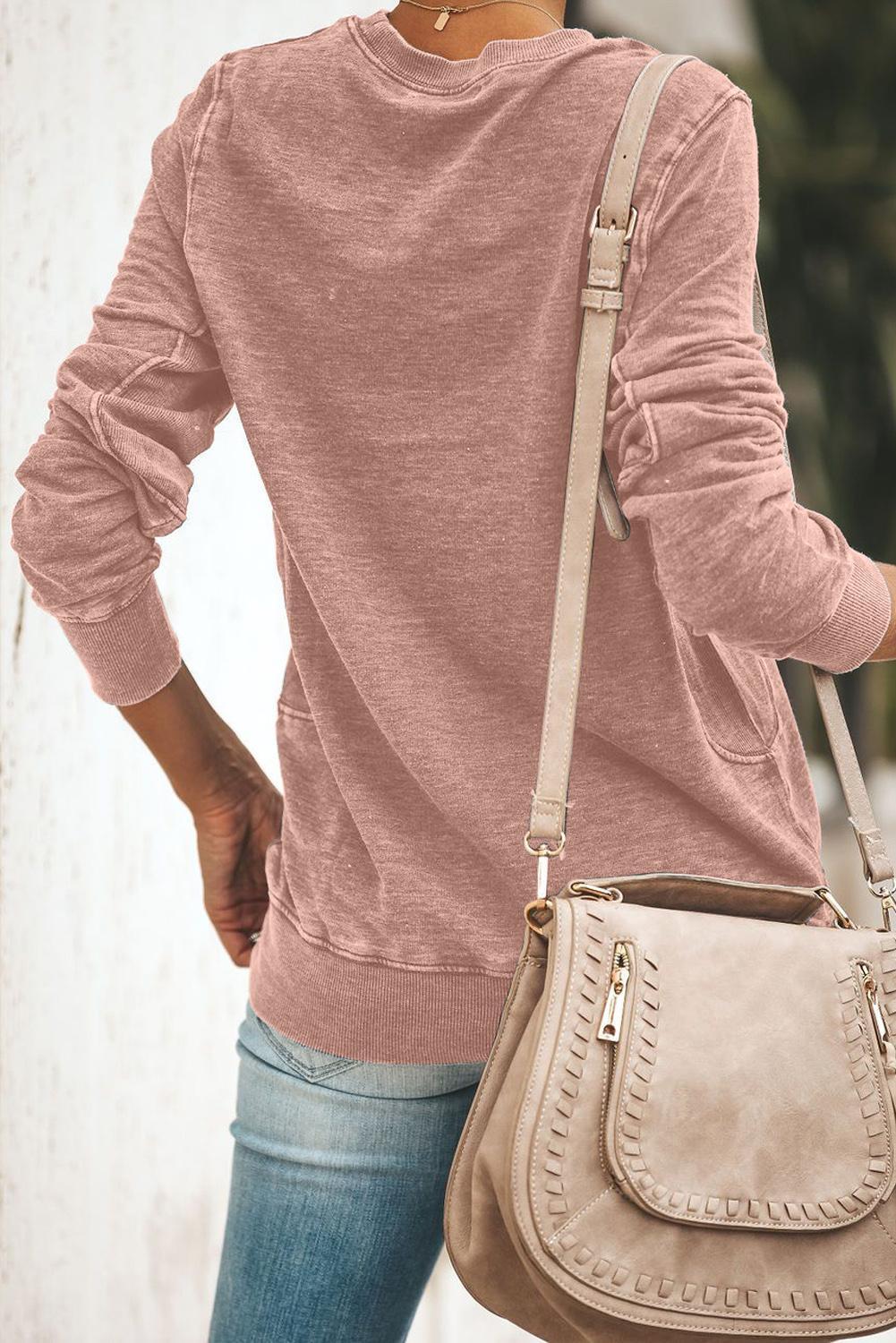 Pink Crewneck Long Sleeve Casual Solid Sweatshirt
