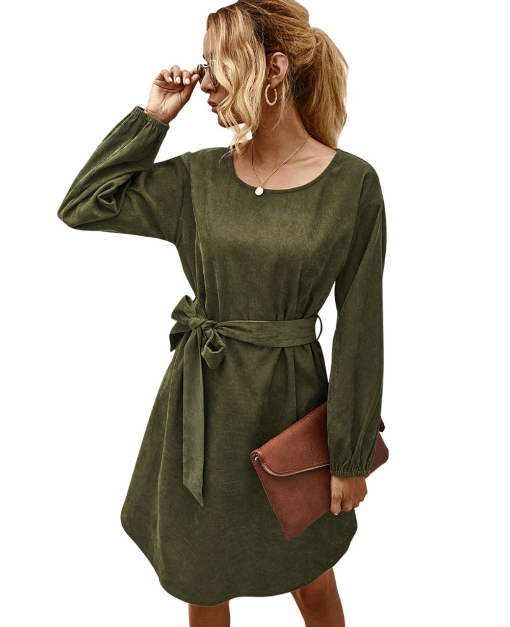 Autumn Plain Short Casual Dress with Belt