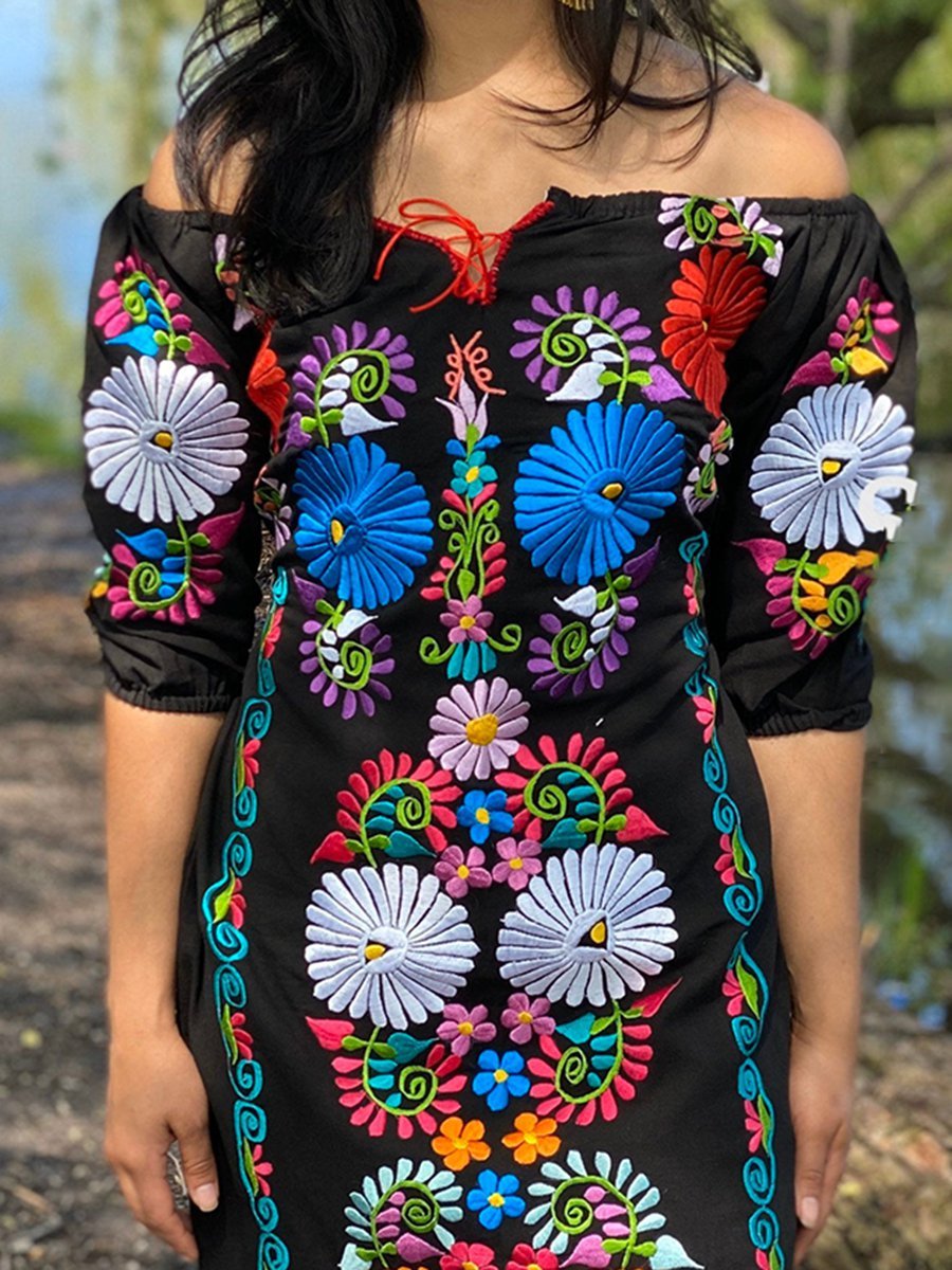 Floral-Print Casual Tribal Off Shoulder Dresses