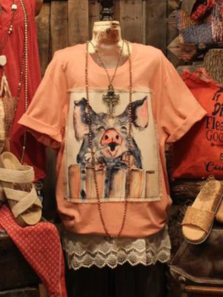 Red Printed Crew Neck Casual Shirts & Tops