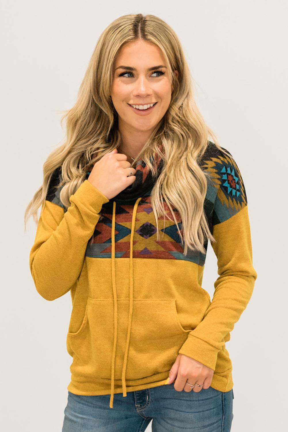 Yellow Aztec Cowl Pullover Hoodie