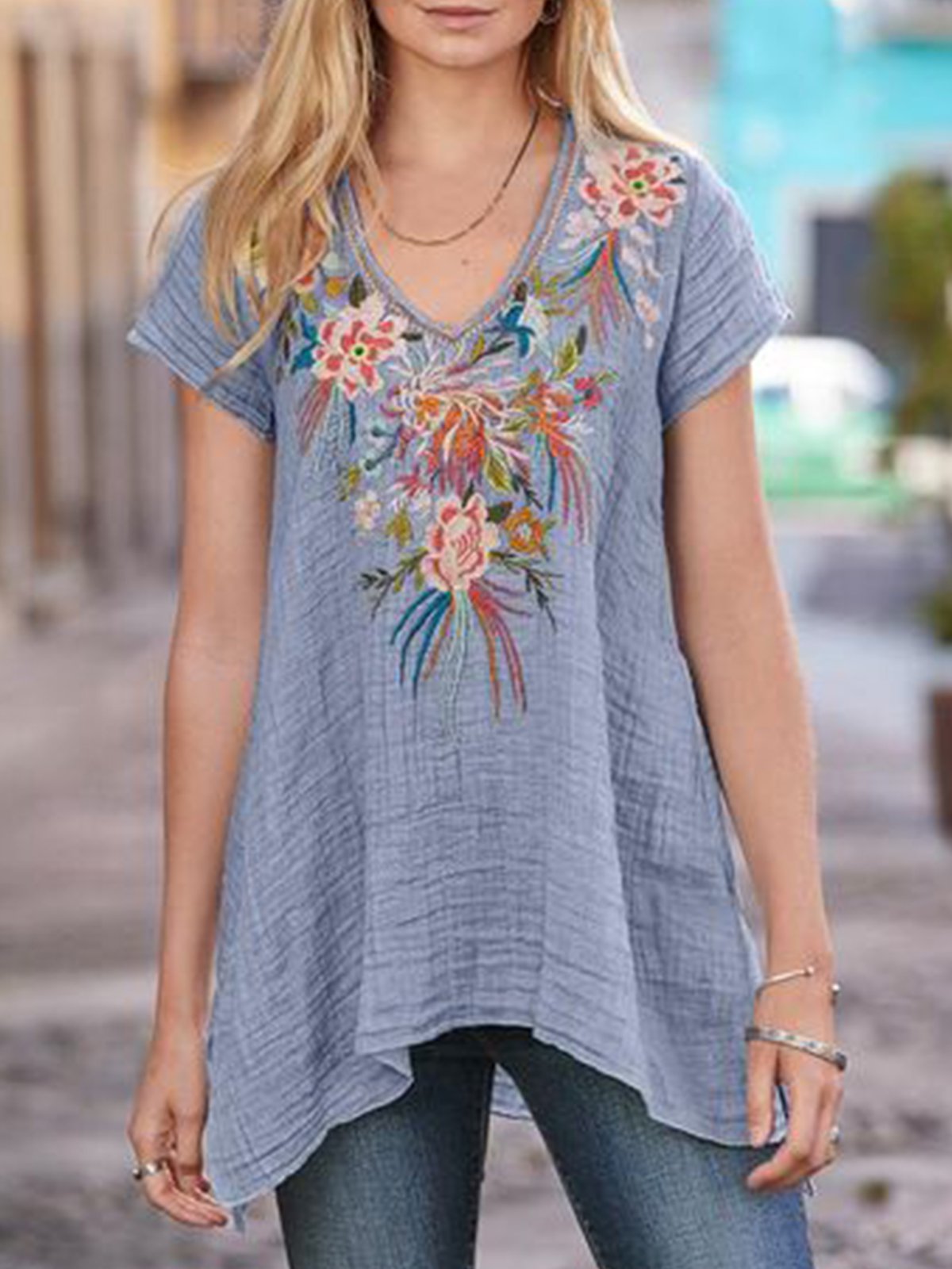 Blue Gray Cotton-Blend Short Sleeve Patchwork Shirts & Tops