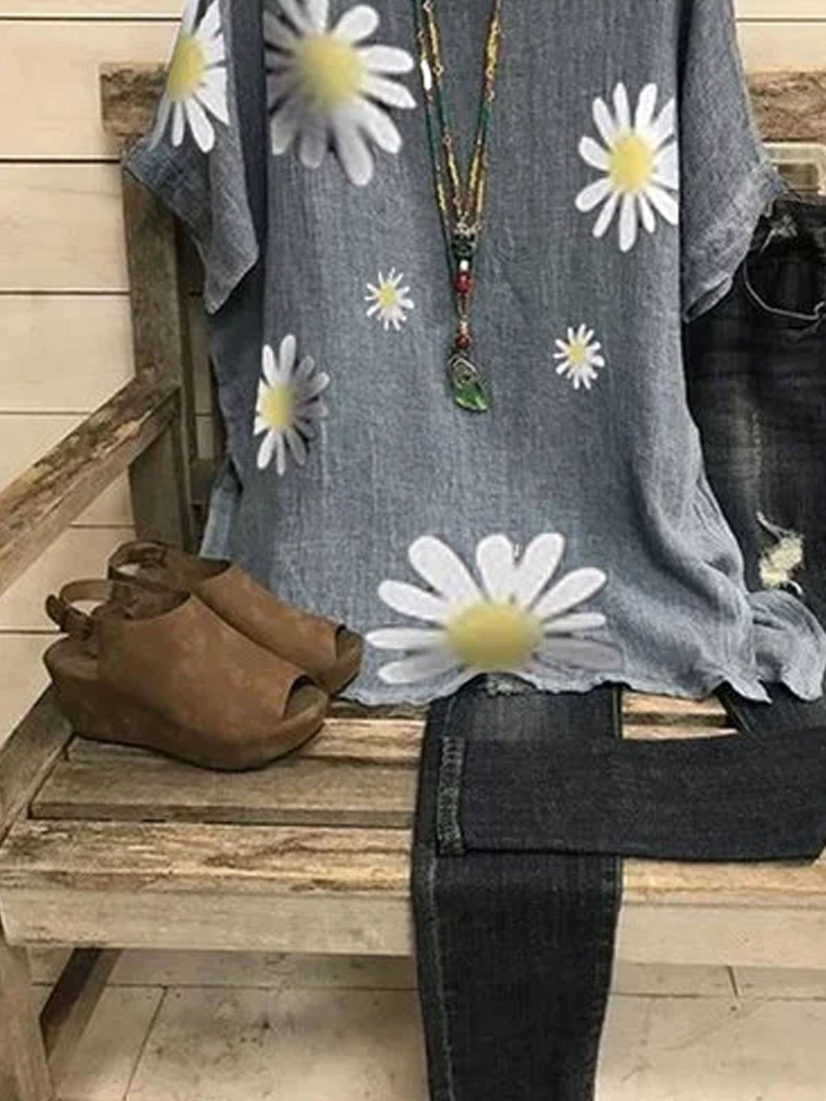 Casual Printed Sun Flower Cotton Round Neck Shirts & Tops