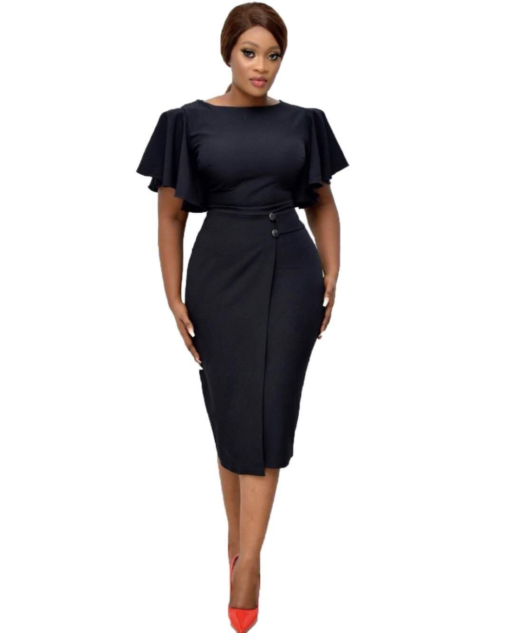 Solid Color Mature Midi Dress with Wide Cuffs