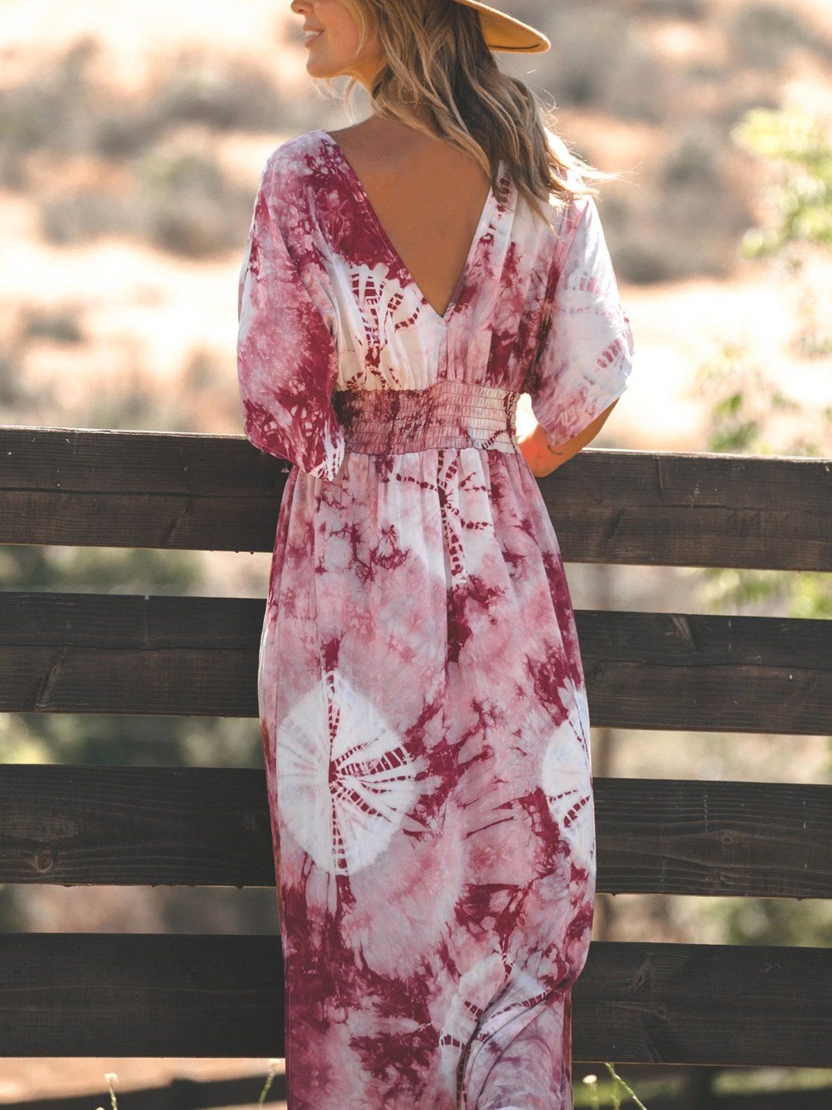 Casual western style plus size loose tie dye large V-neck short sleeve dress