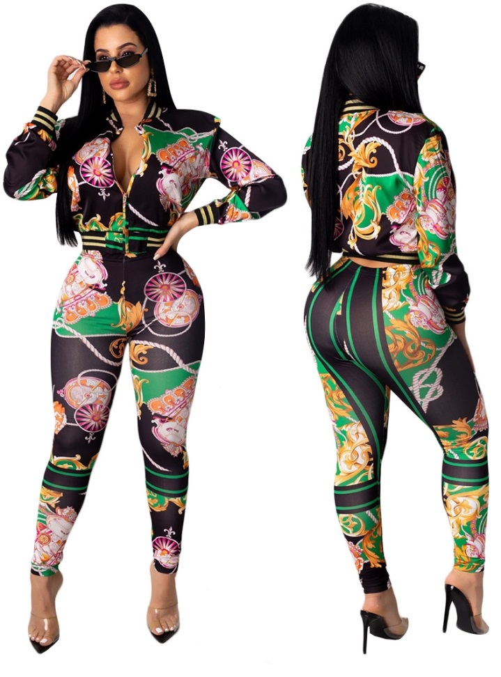 Print Colorful Long Sleeve Jacket and Pants Set